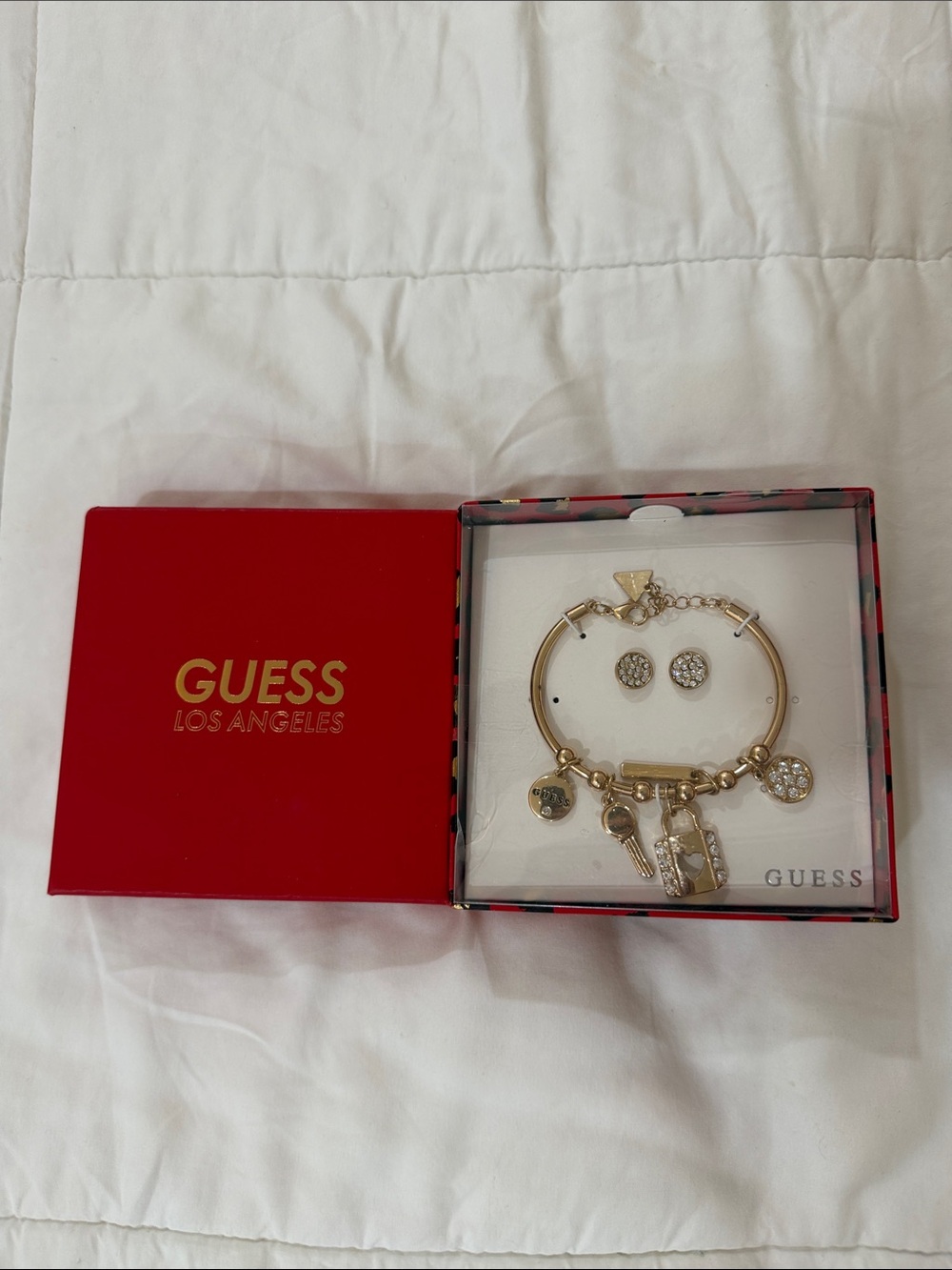GUESS Gold-Tone Charm Bracelet and Crystal Stud Earring Set